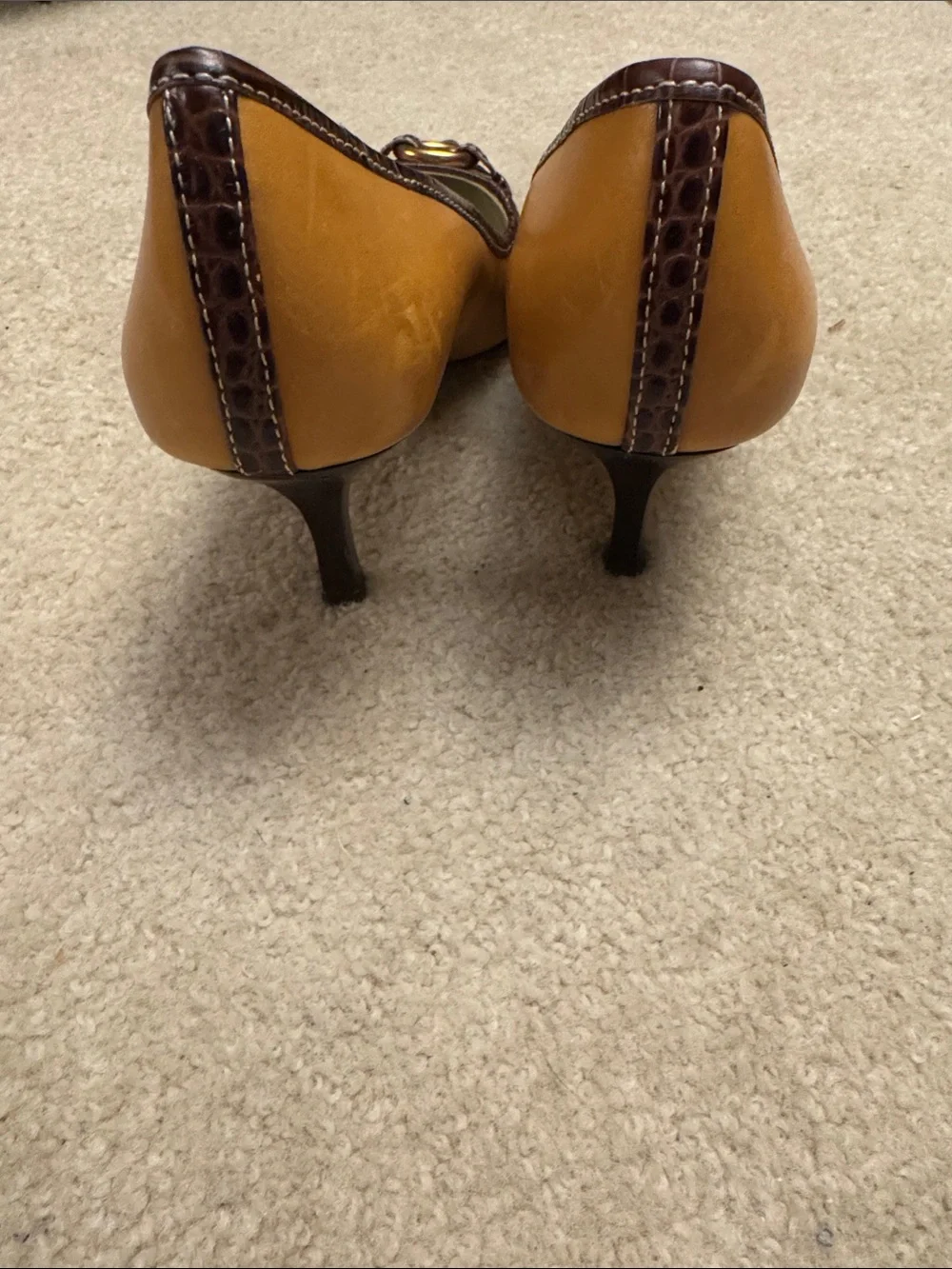 Anne Klein Mustard Yellow & Dark Brown Croc-Trim Pointed-Toe Pumps